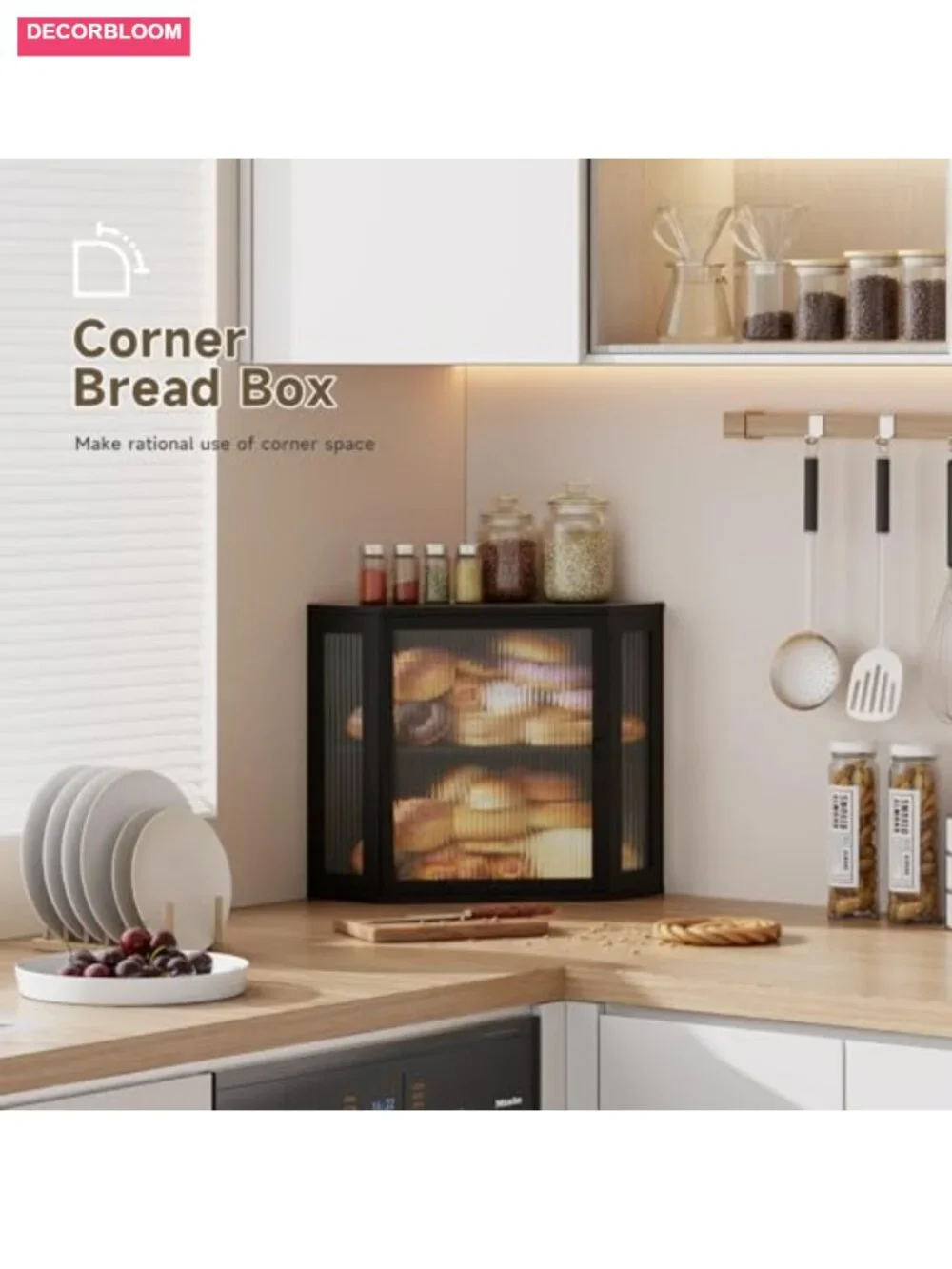 Corner Bread Box for Kitchen Countertop, Two-Layer Storage Bin with Acrylic